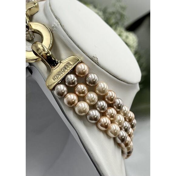 Carolee Three Strand Peach Gray Pearl Necklace Gold Tone Clasp With Pave Crystal - Picture 6 of 10